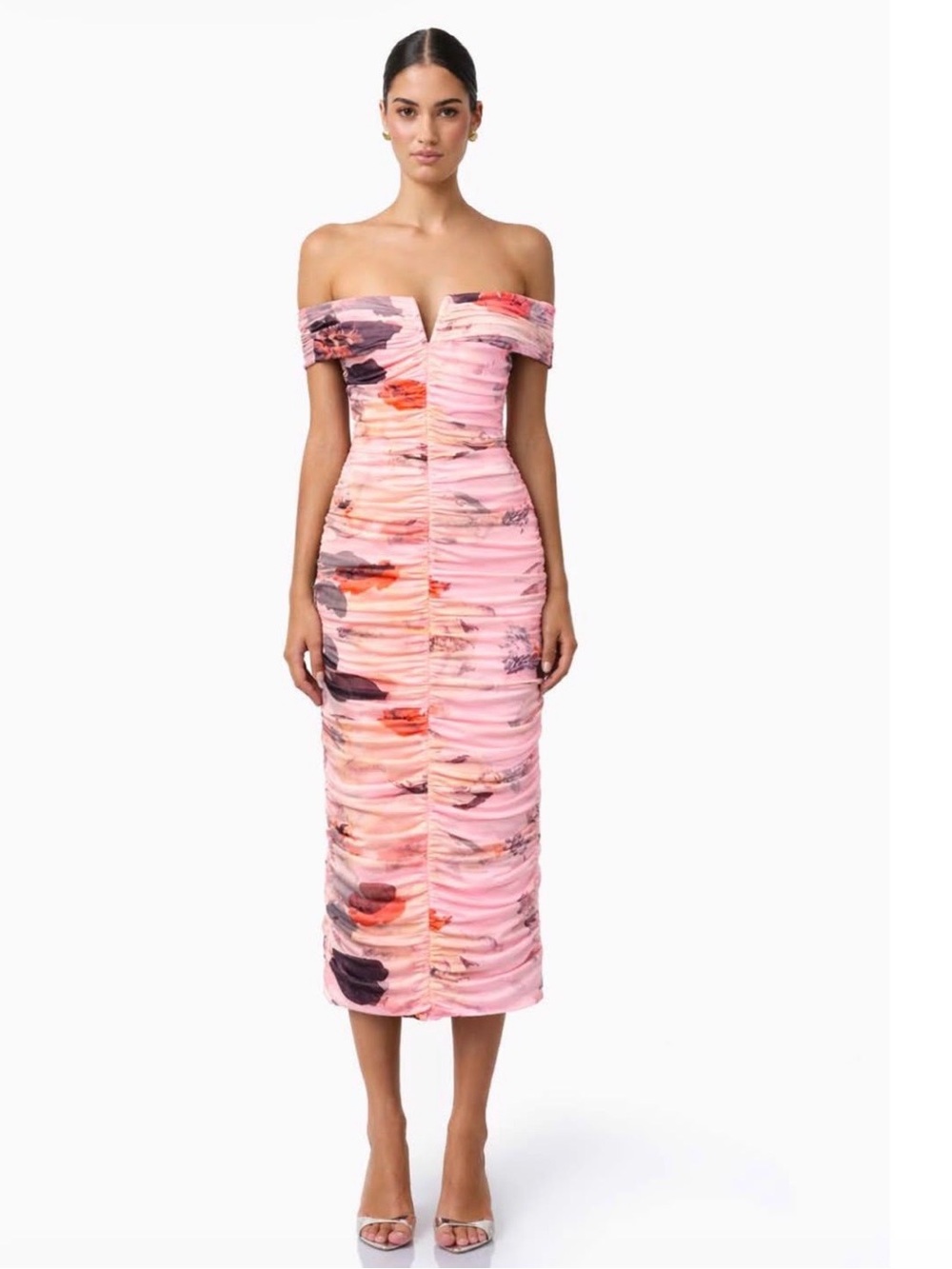 Off-Shoulder Pink Ruched Midi Dress with Watercolor Print